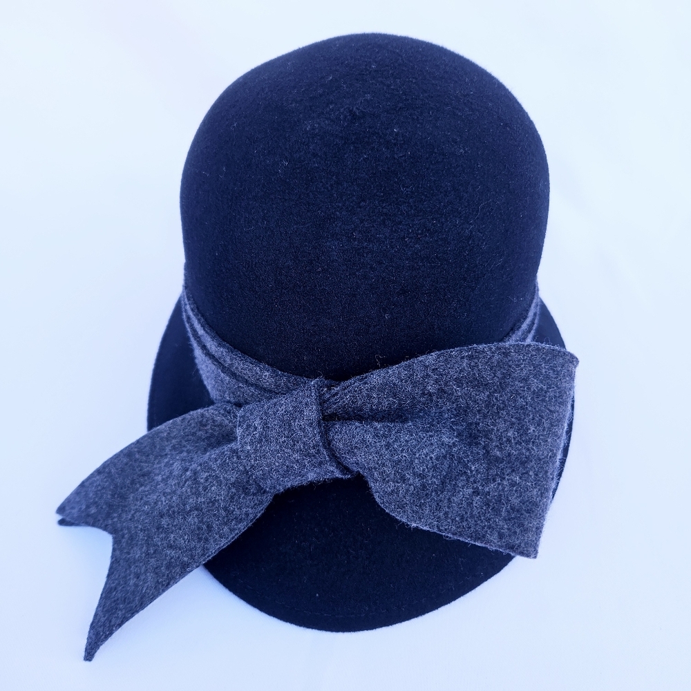 Mod Vintage Black 100% Wool Bucket Hat Women Collection Eighteen Gray Bow